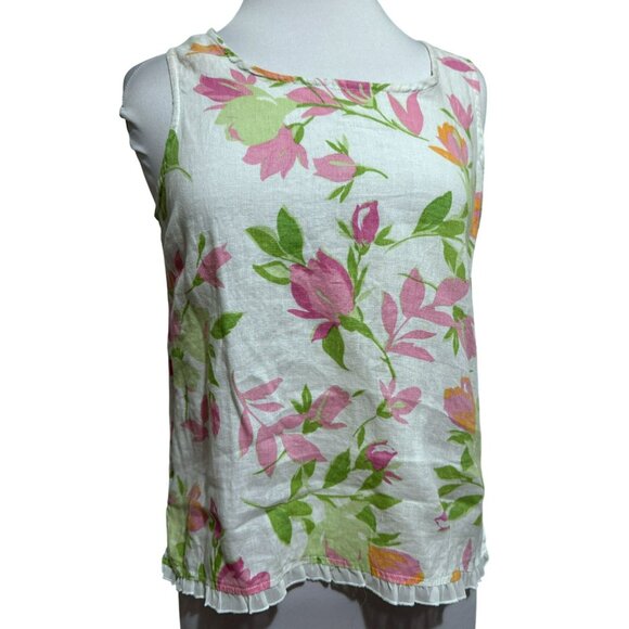 Cotton Connection Vtg Linen Floral Sleeveless Blouse Top Sz S Ruffle Trim Girly - Picture 1 of 7